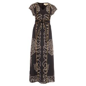 Anna Cate Nellie Linen Cotton Blend V-Neck Printed Tie Belt Maxi Dress Size S